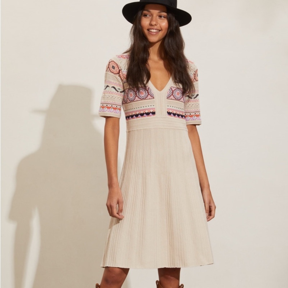 NWT Odd Molly Long Tuva Dress Sz 3 - Large Elegant Cream Patterned Dress